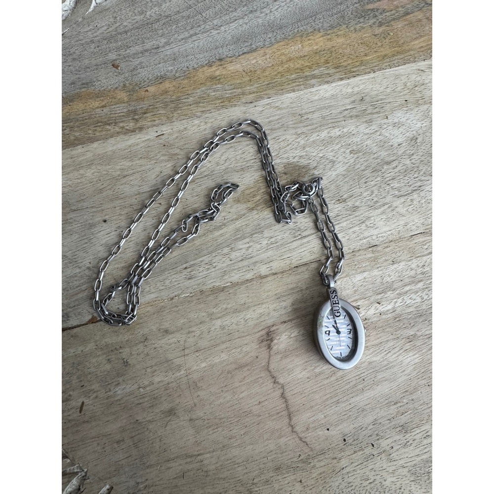 Guess Vintage Silver Tone Oval Watch Necklace Blue Holographic‎ Dial Japan Movt
